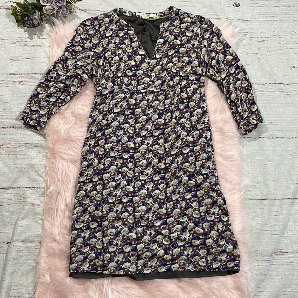 Boden Martha 3/4 Sleeve Blue Bud Pattern Mini Dress